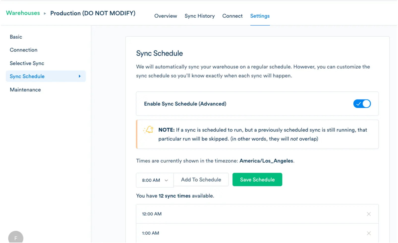 The Warehouse Settings page, with the Sync Schedule tab selected.