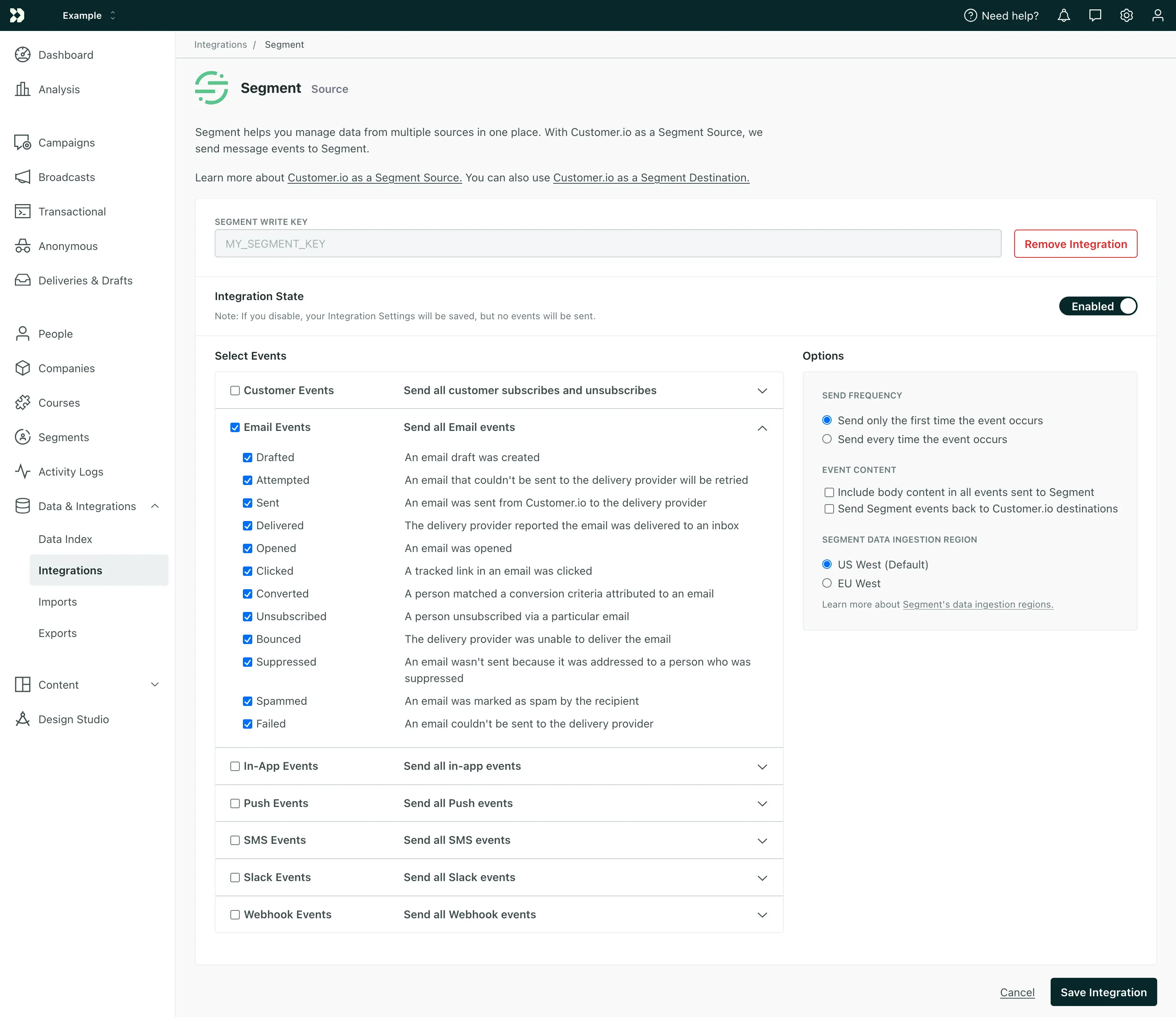 Customer.io integration settings with Segment, showing event selection and options.