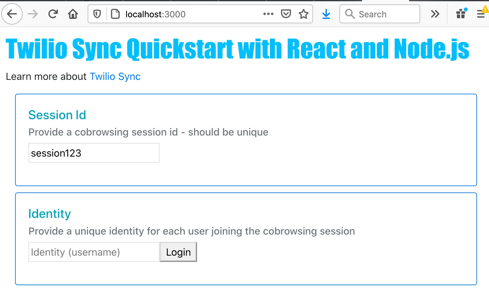 Twilio Sync Quickstart page with fields for session ID and user identity input.