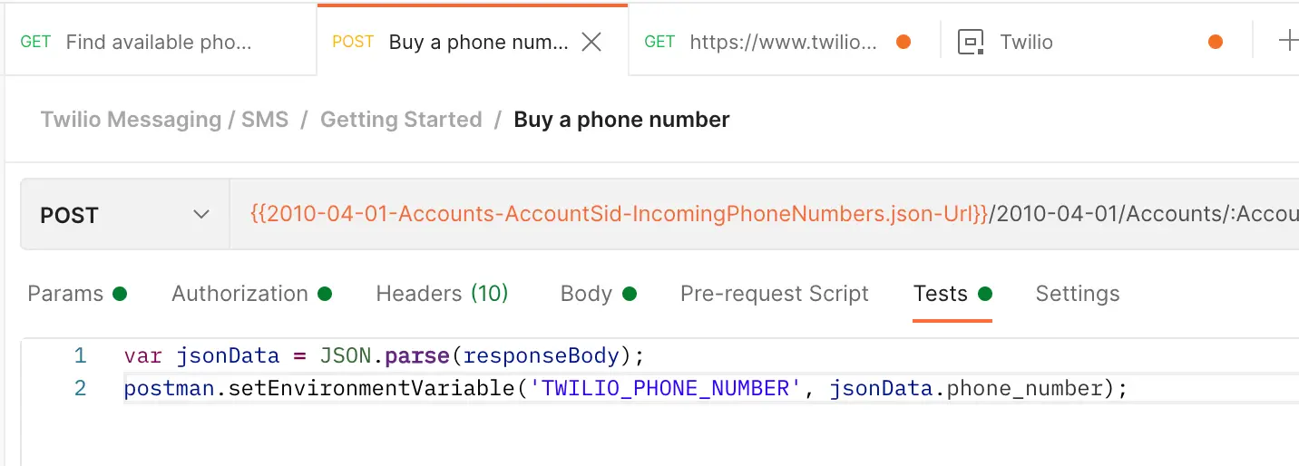 Postman test script setting Twilio phone number environment variable.