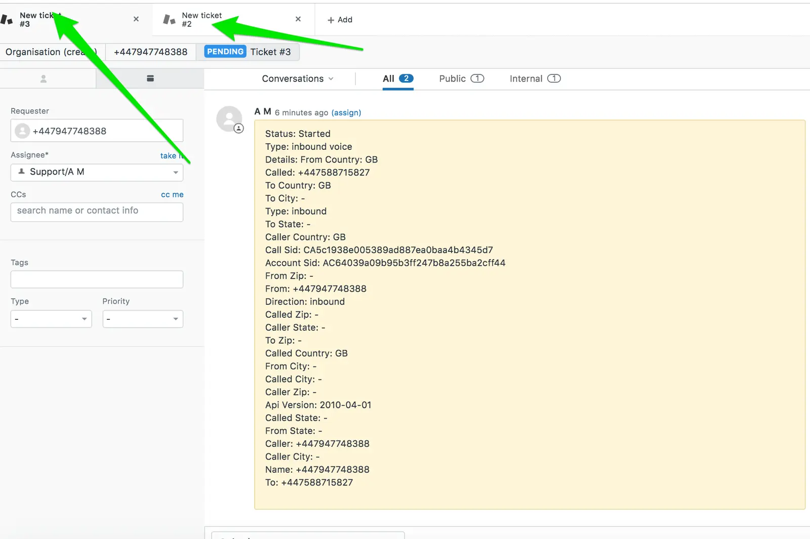 Zendesk ticket showing inbound call details with FlexDeskBeta integration.