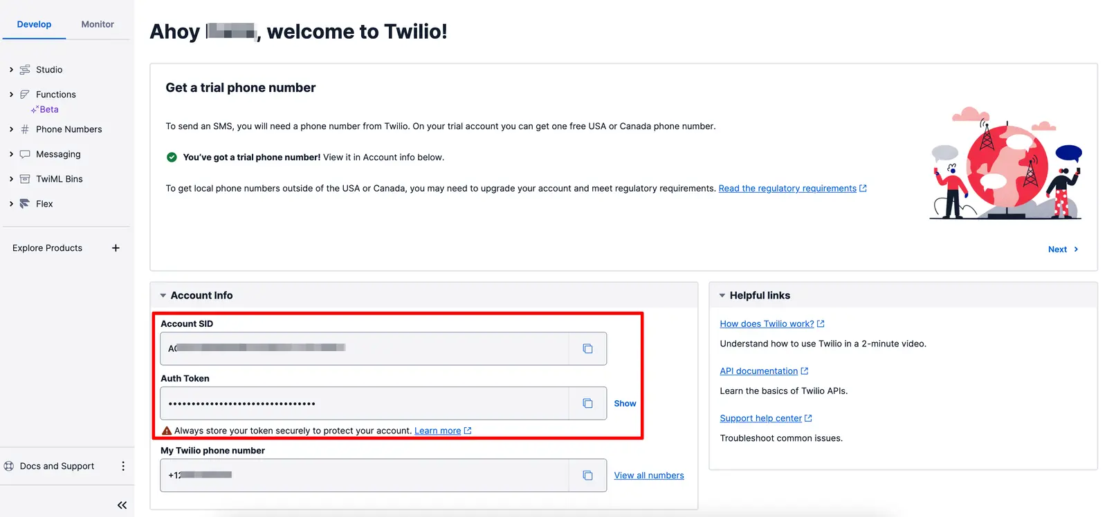 Twilio account info with Account SID, Auth Token, and phone number.