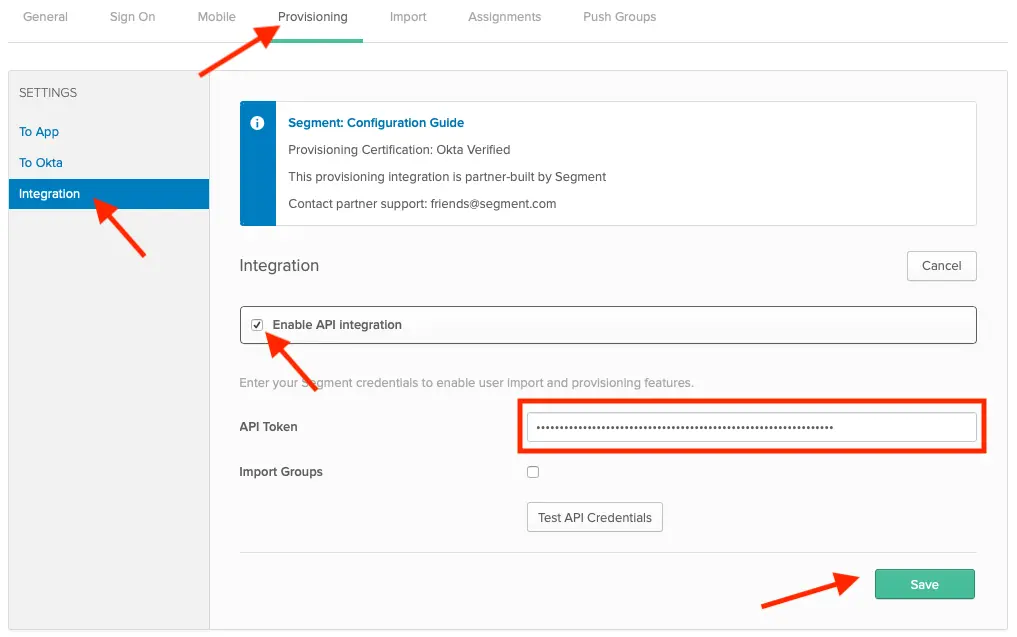 Okta provisioning settings with API integration enabled and API token field filled.