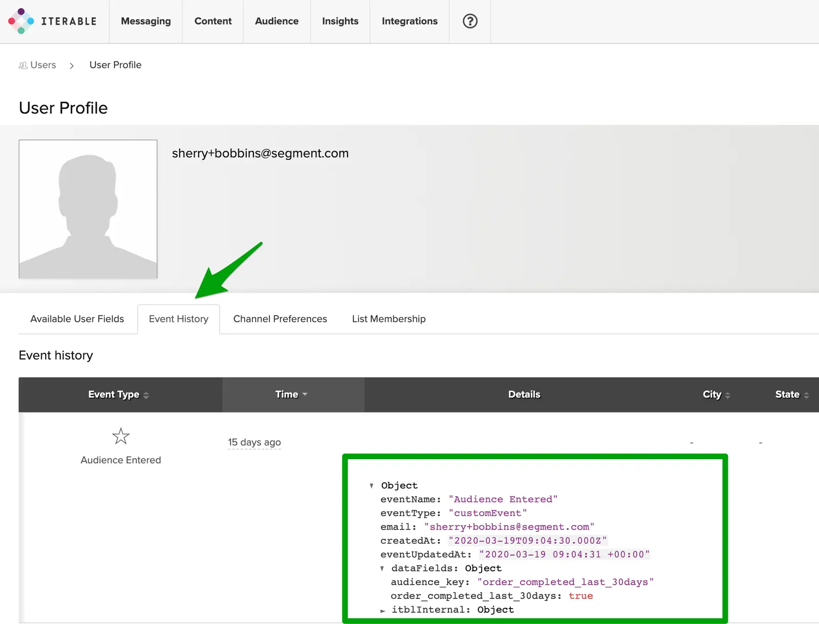 A user profile in Iterable with the Event History tab selected.