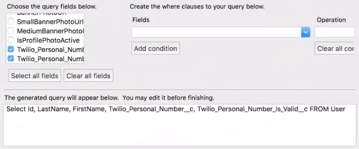 Query builder interface with selected fields including Twilio personal number and validity.