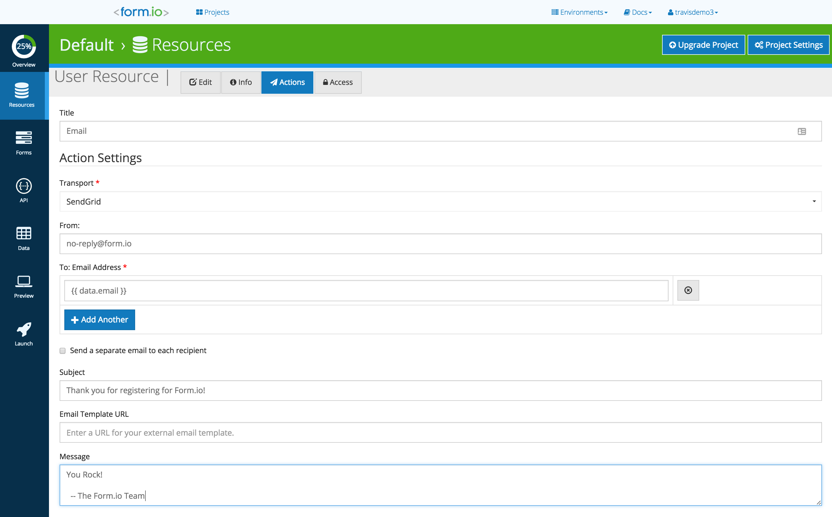 Email Action Settings.