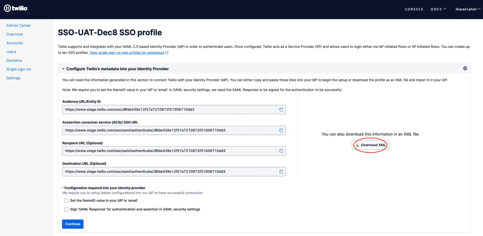 SSO profile with Twilio metadata URLs and XML download option.