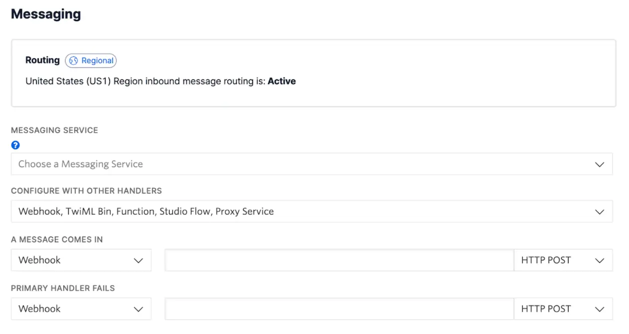 Messaging configuration with routing active for US1 region, using Webhook and HTTP POST.