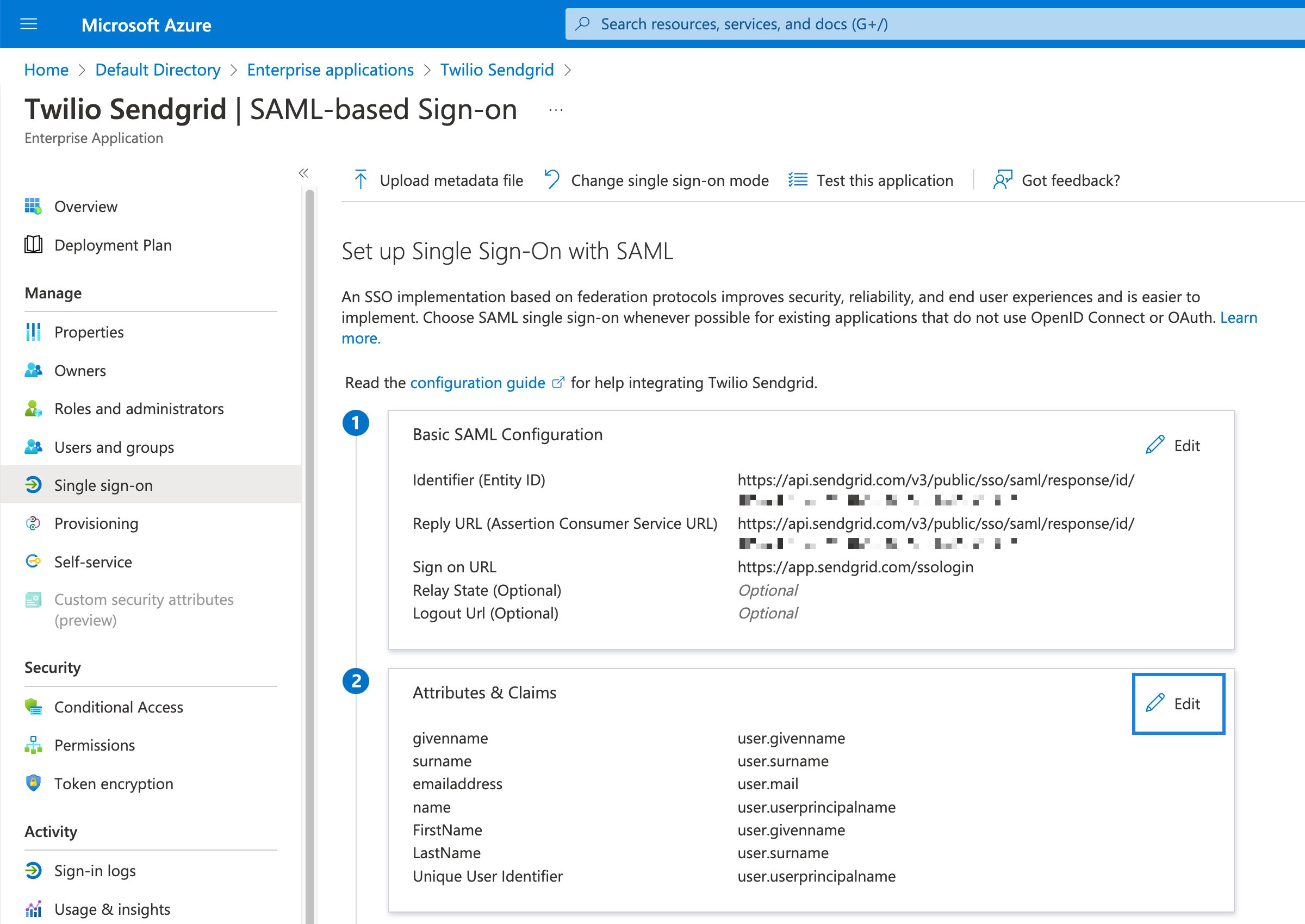 The SAML SSO configuration settings page.