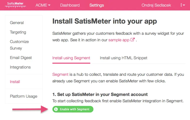 Enable with Segment button for SatisMeter integration setup.