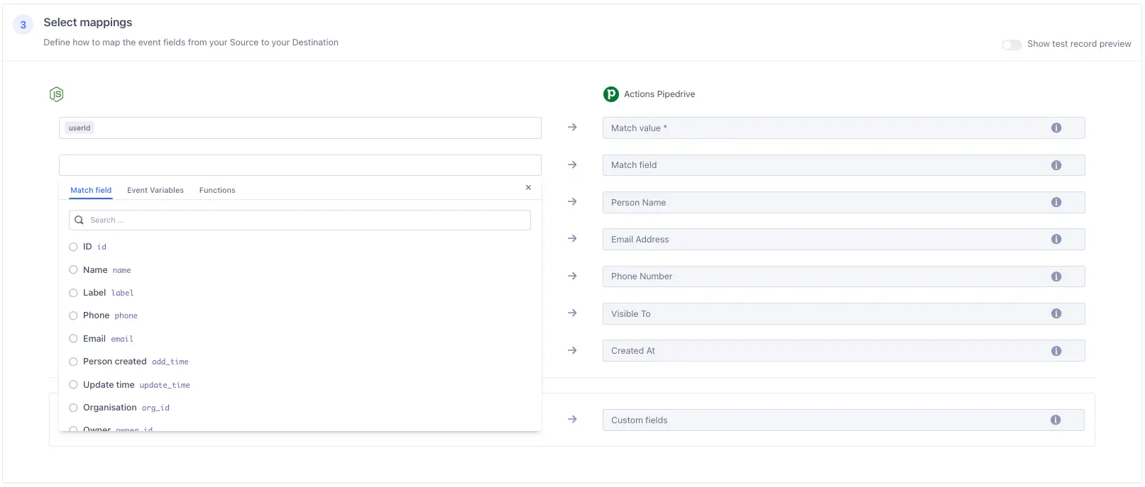 Mapping Segment fields to Pipedrive entities, showing options like ID, Name, and Email.