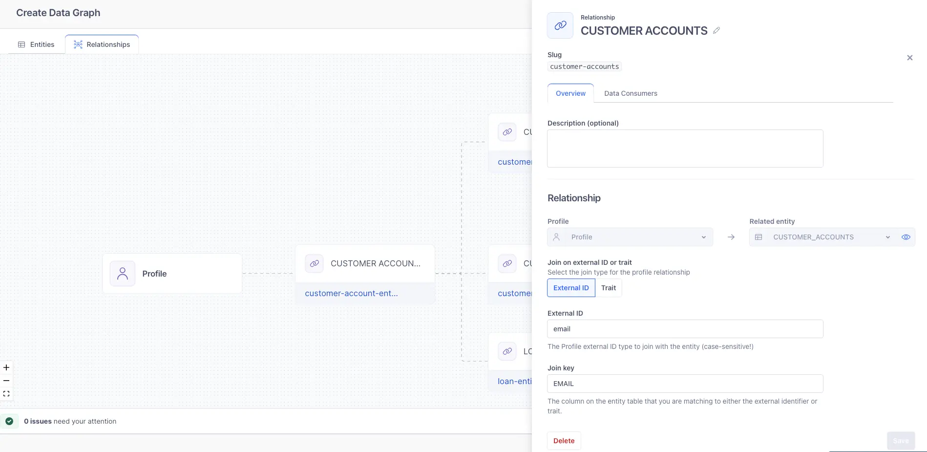 The Customer Accounts Relationship side screen when adding a relationship in the Data Graph.
