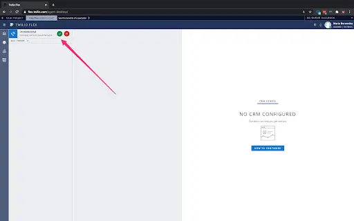 Twilio Flex interface with accept call button highlighted.