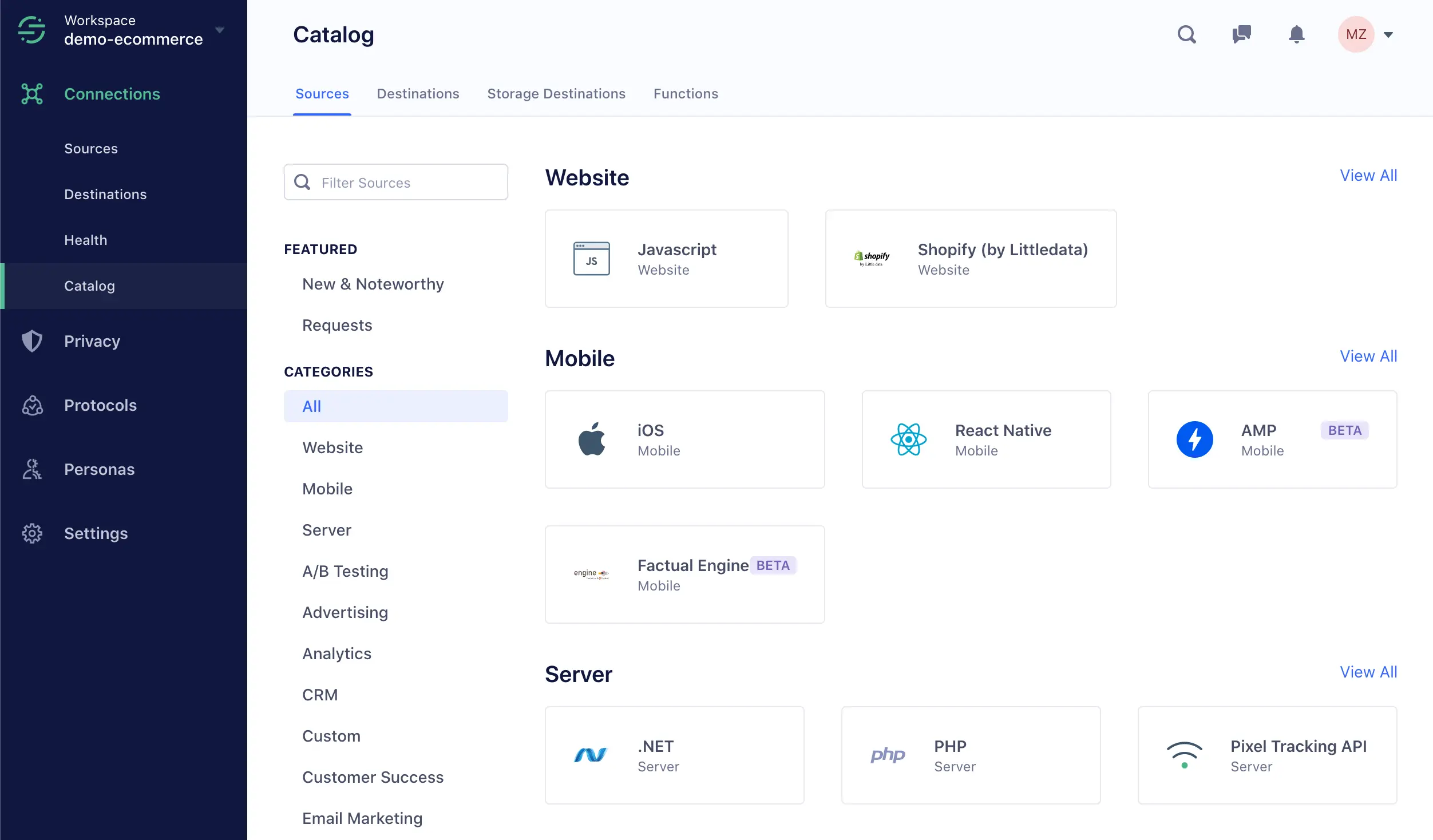 Segment Integration Catalog depicting three different destination categories.