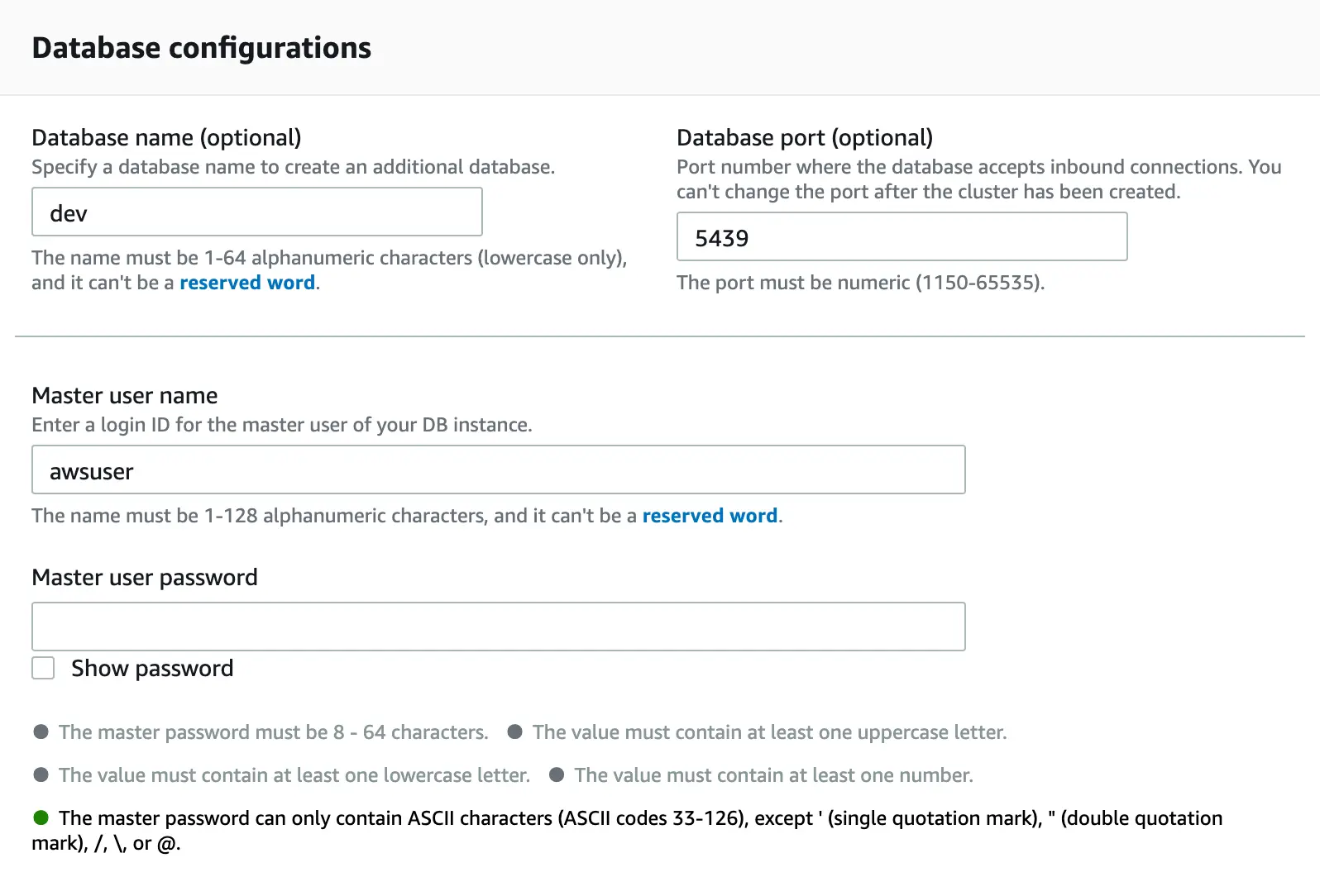 Database configuration fields for name, port, primary username, and password requirements.