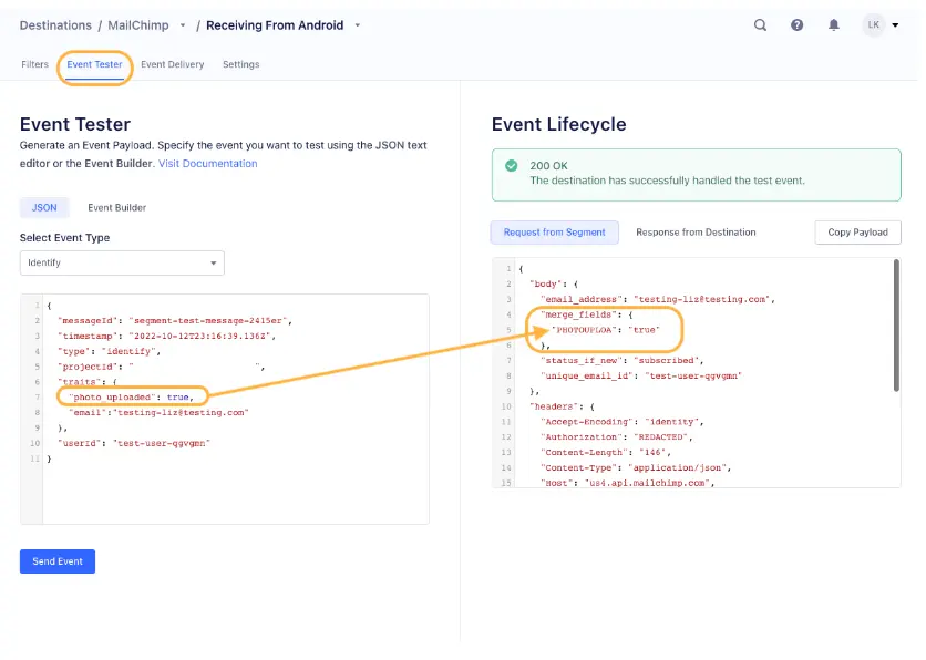 Event Tester interface showing JSON payload and successful event response.