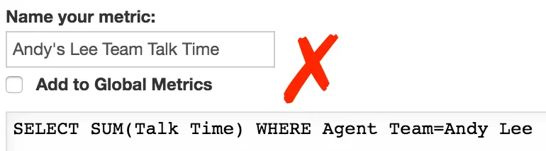 Incorrect MAQL query for Andy's Lee Team Talk Time with a red X mark.