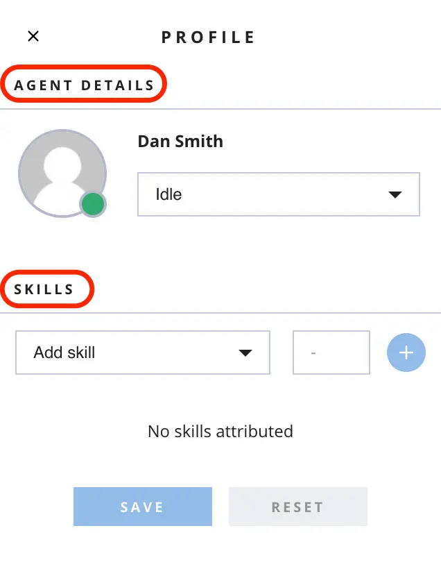 Profile section showing agent details and skills with options to add skills.