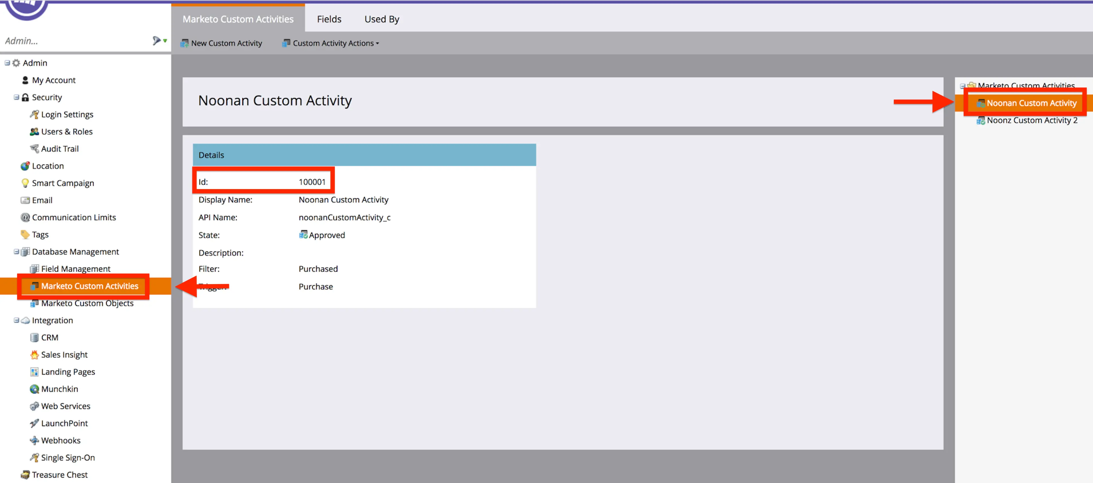 Marketo interface showing Test Custom Activity details with trigger test_custom_activity_trigger highlighted.