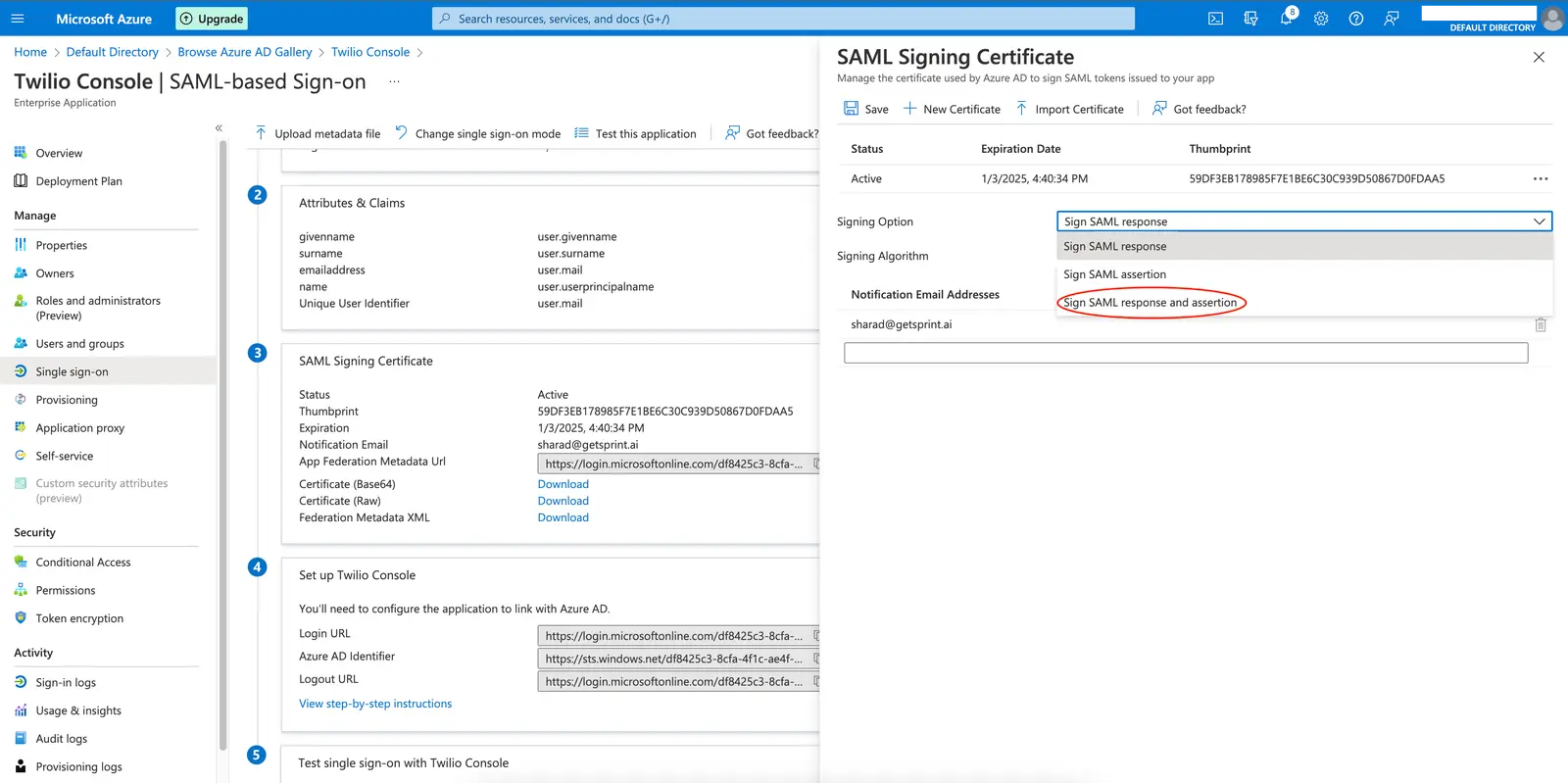 Azure AD SSO configuration showing SAML signing options with 'Sign SAML response and assertion' selected.