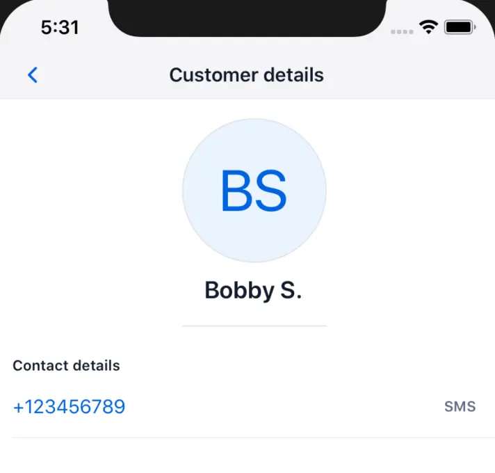 Customer details page showing Bobby S. with initials 'BS' and contact number +123456789.