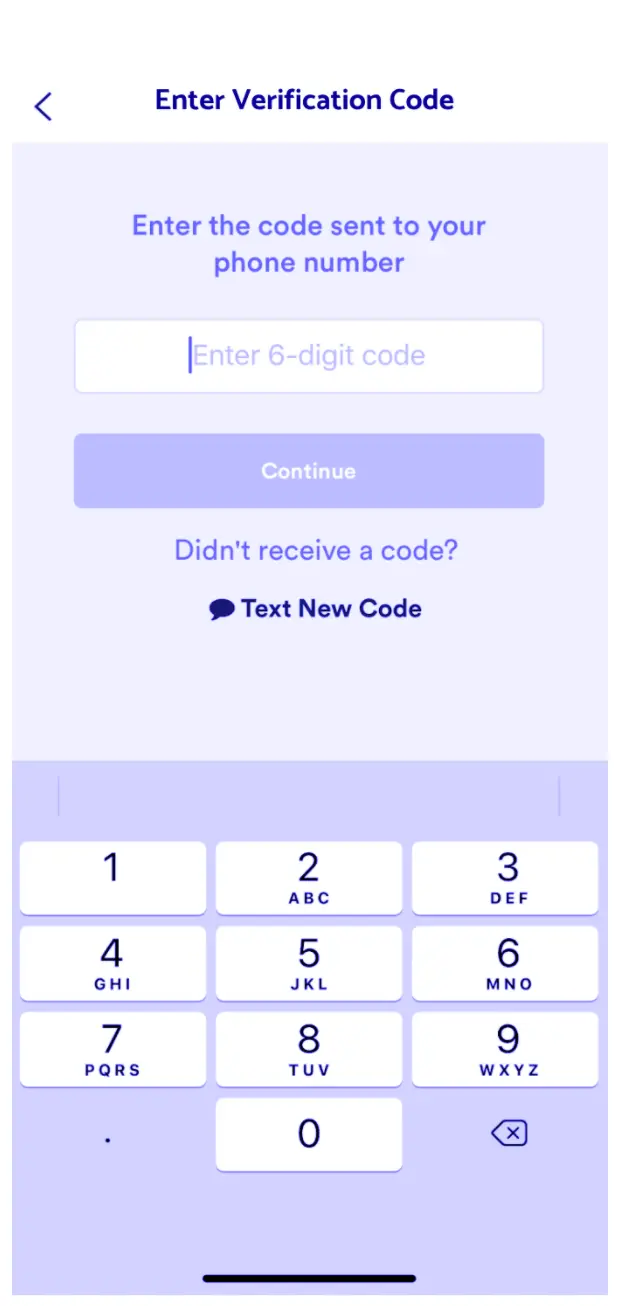 OTP verification screen with a keypad and option to text a new code.