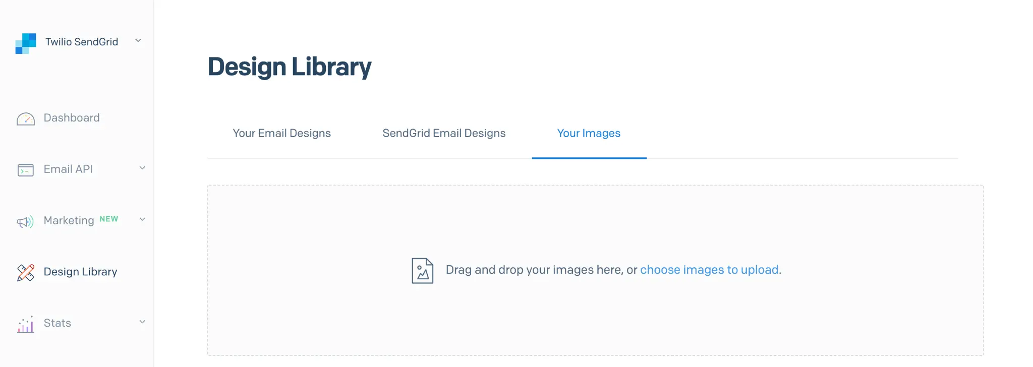 SendGrid Design Library page for uploading or selecting images.