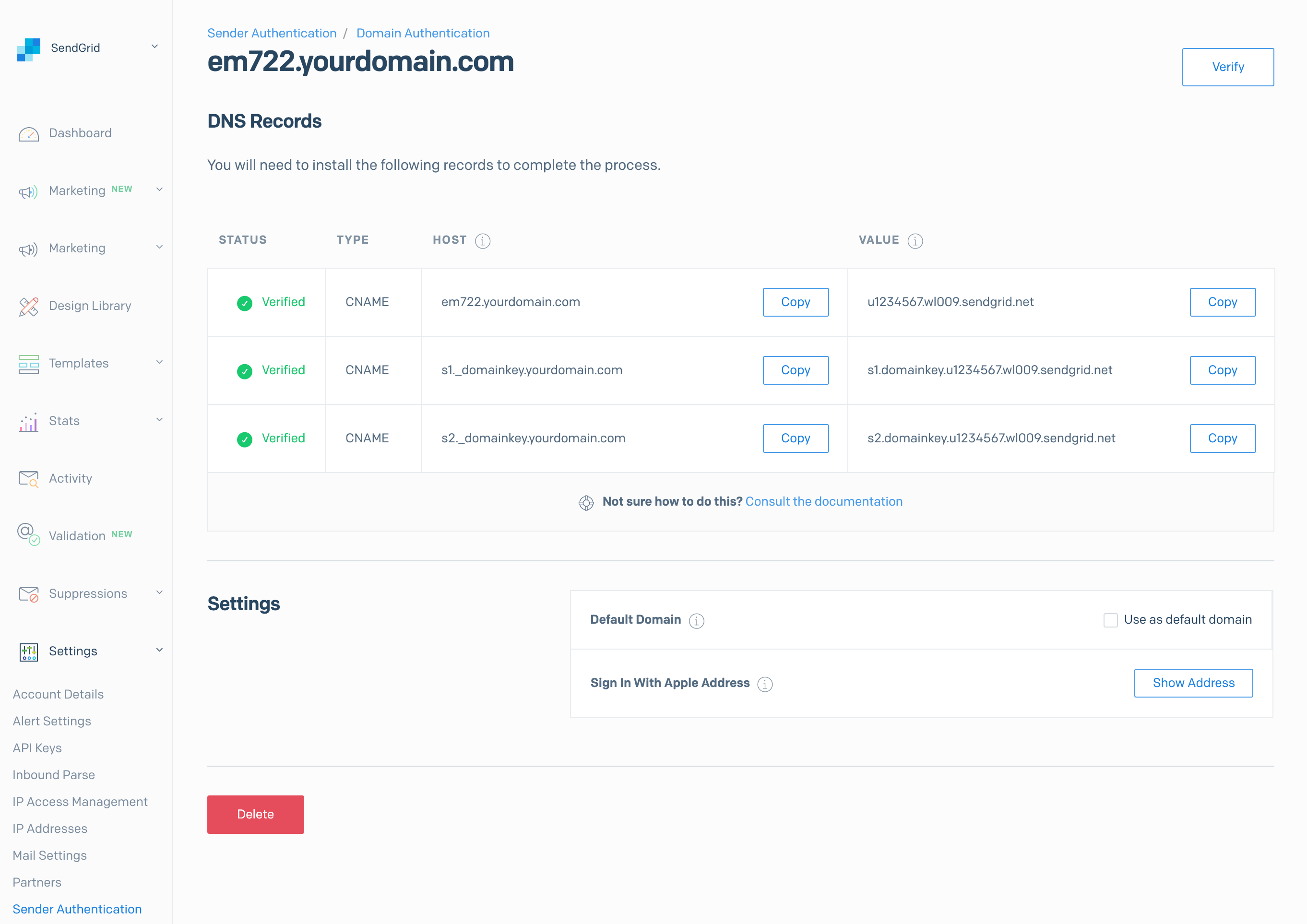 DNS records for em722.yourdomain.com with CNAME entries and verification status.