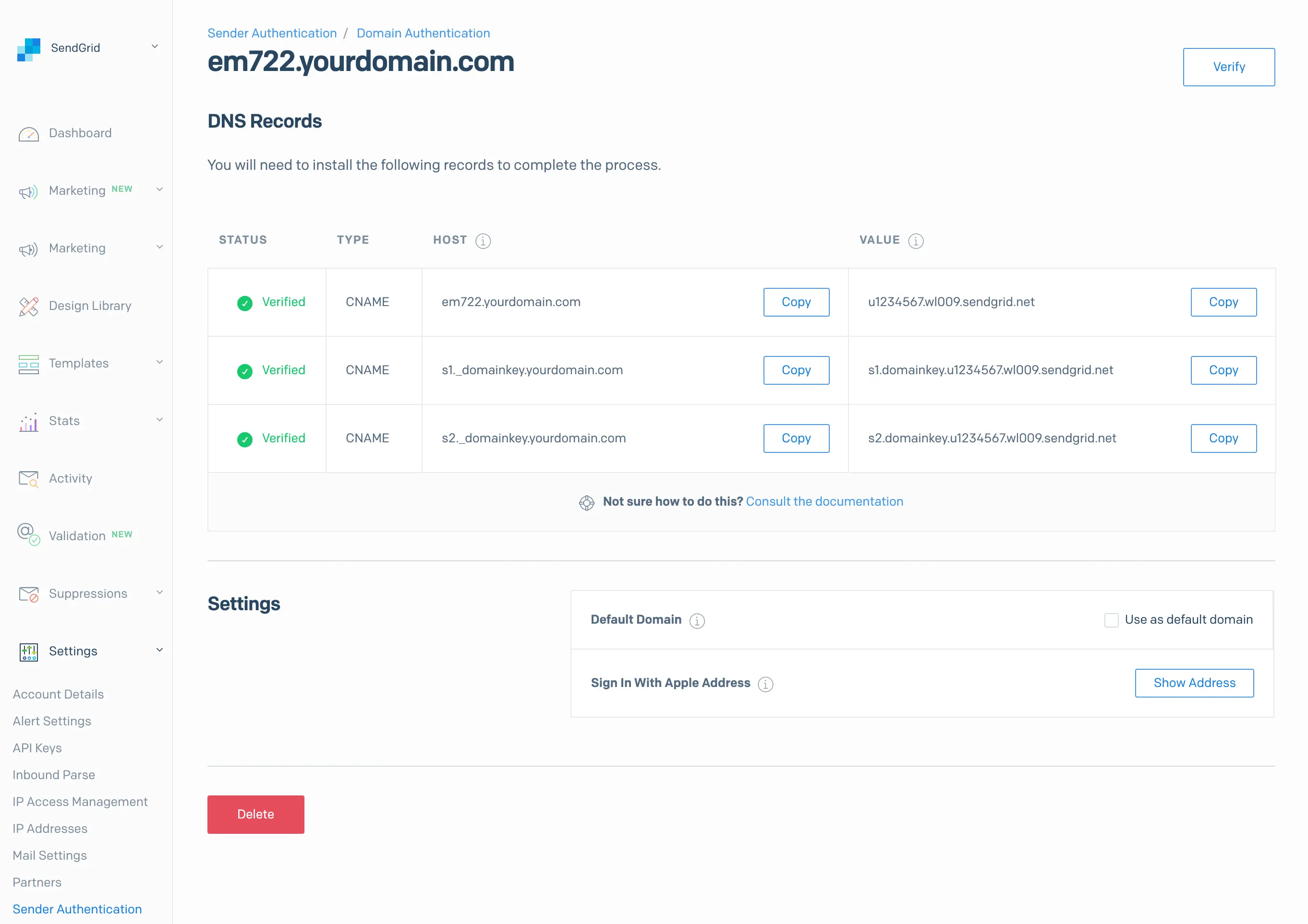 DNS records for em722.yourdomain.com with CNAME entries and verification status.