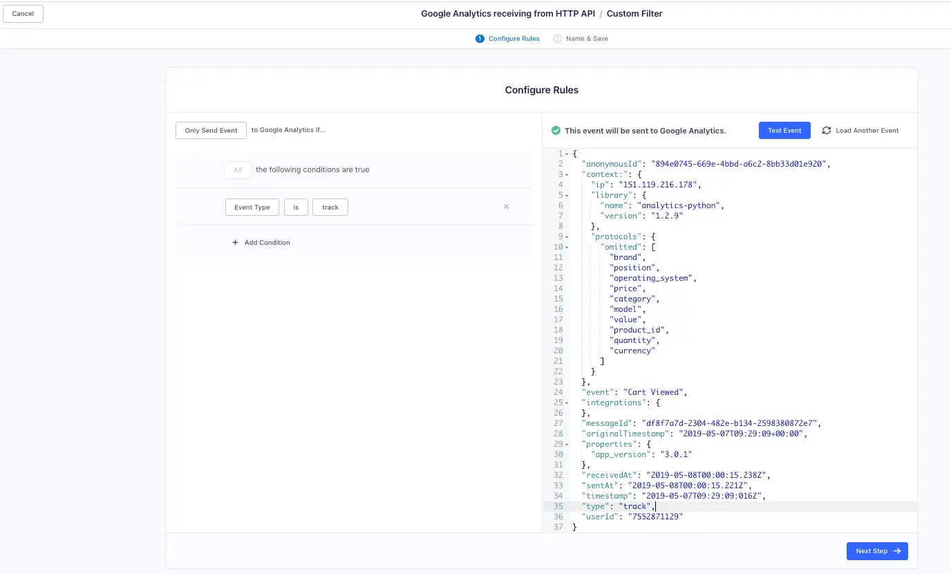 Filter configuration sending track events to Google Analytics with JSON details.