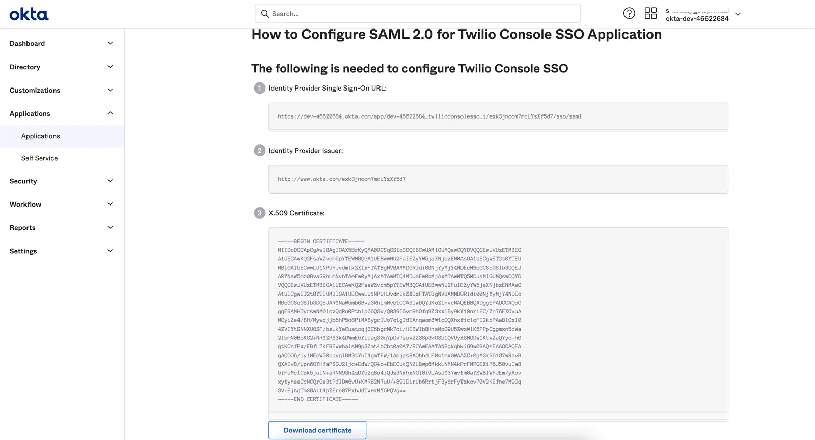 Okta configuration showing Identity Provider URL, Issuer, and X.509 certificate for Twilio SSO.