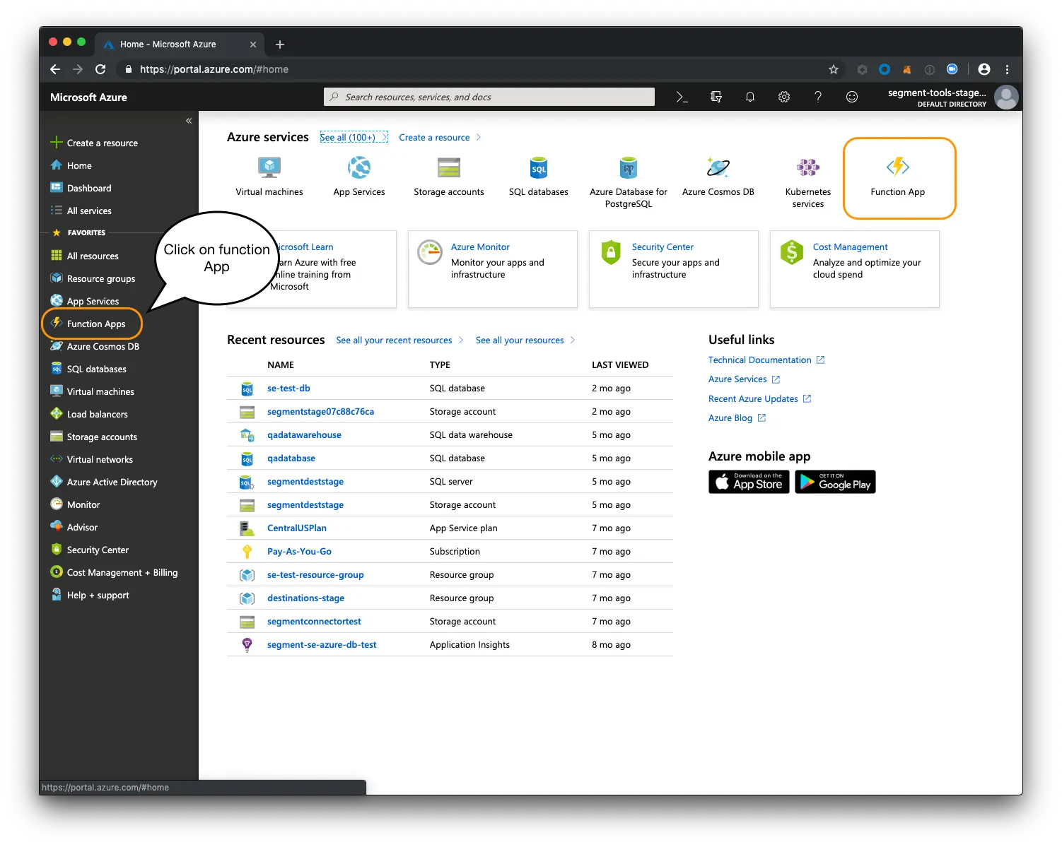 Azure dashboard highlighting Function App with recent resources listed.