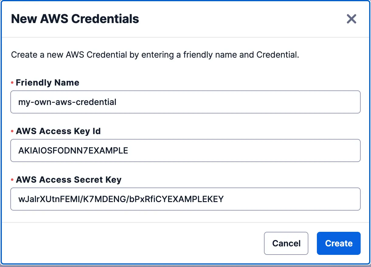 AWS credentials creation form with fields for friendly name, access key ID, and secret key.