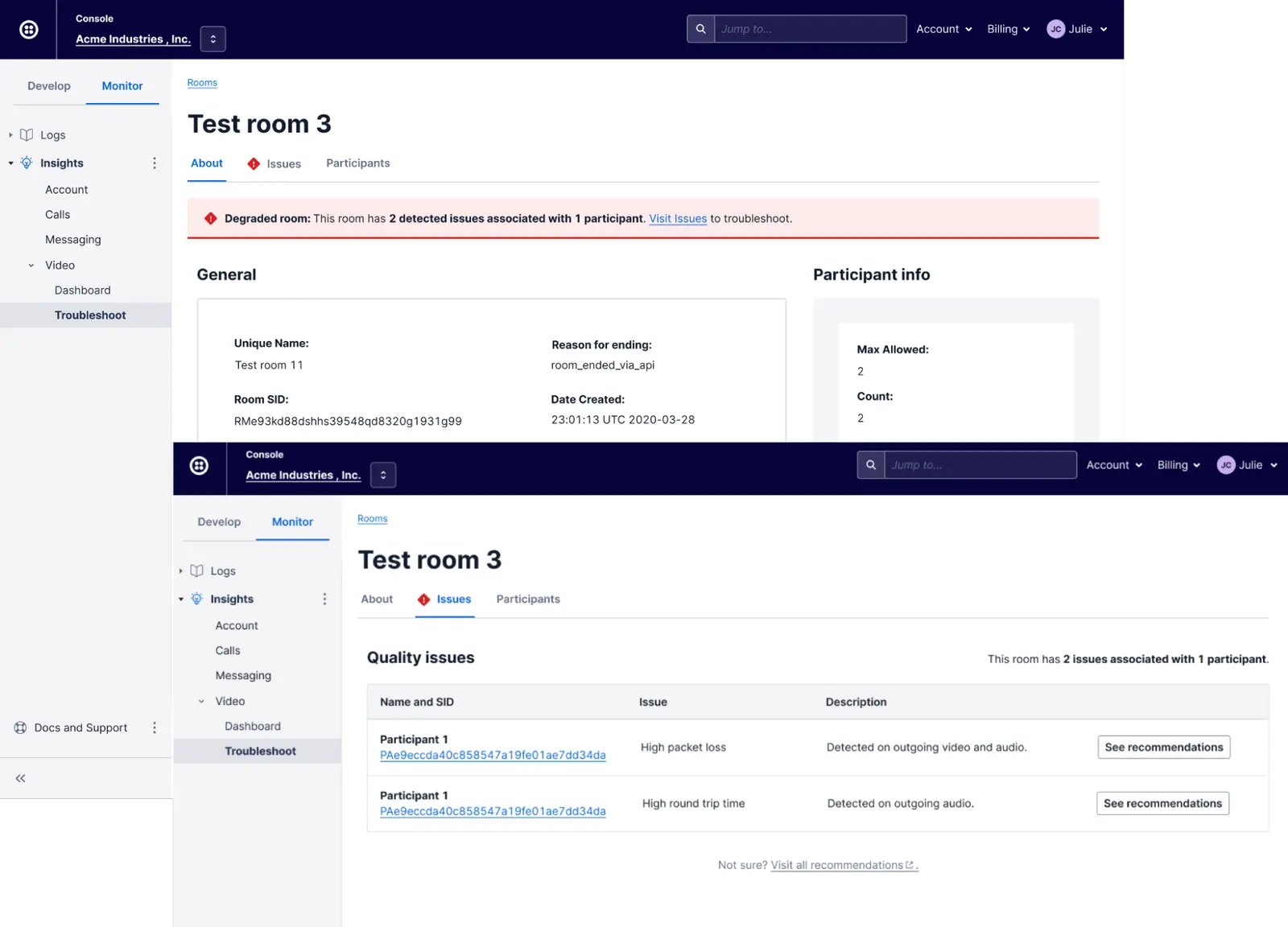 Test room 3 summary with degraded status and quality issues for participant 1.