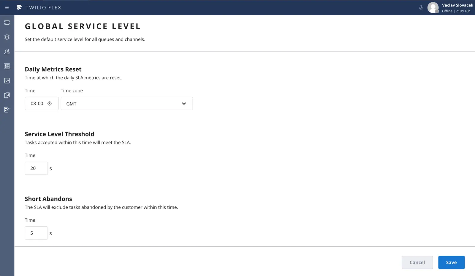 Twilio Flex global service level settings with daily metrics reset, service level threshold, and short abandons.
