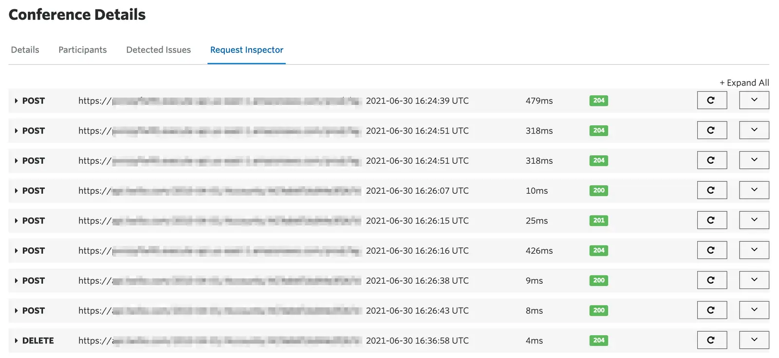 Request Inspector tab showing HTTP requests with methods, URLs, timestamps, and response codes.