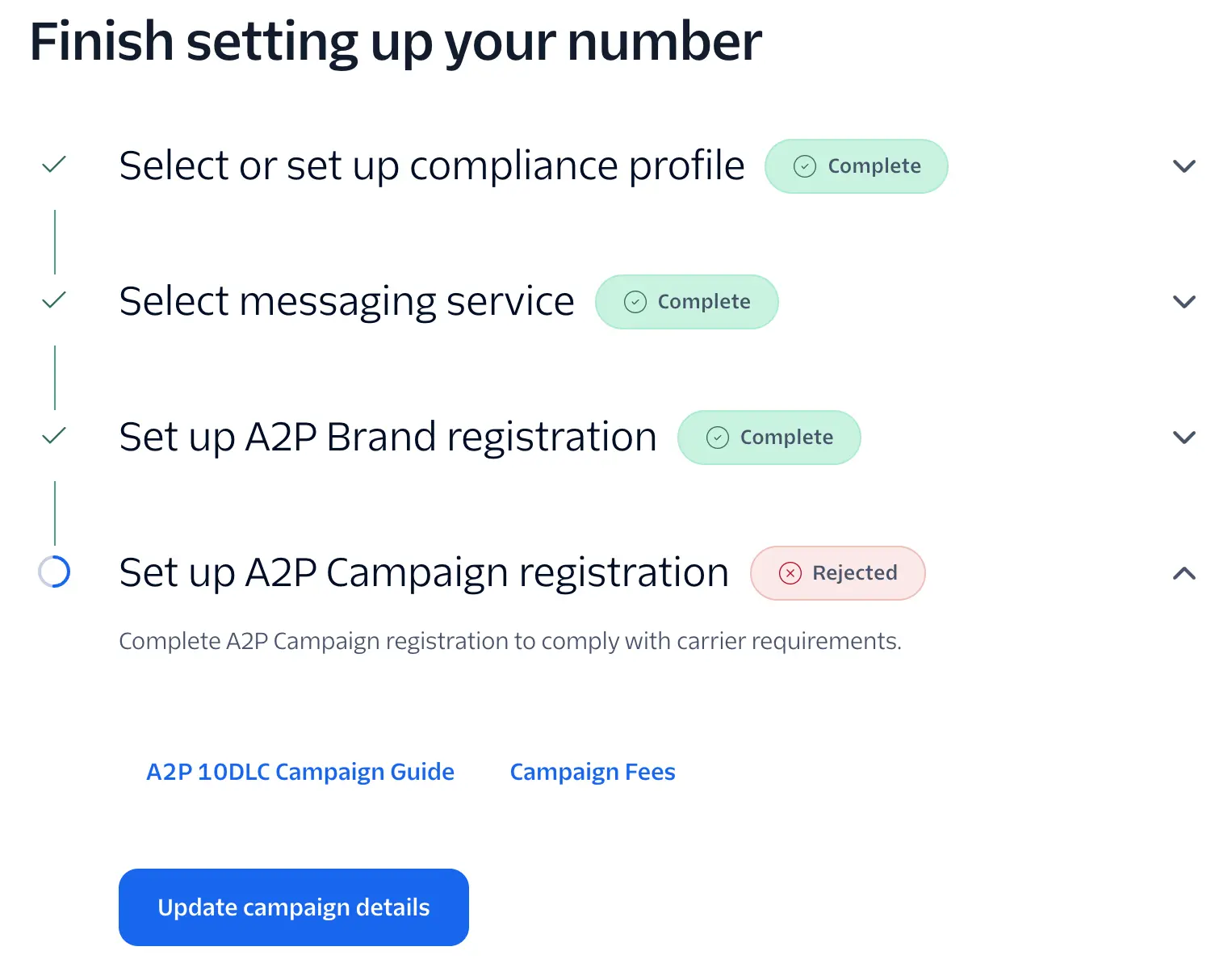 Finish setting up your number checklist with the Set up A2P Campaign registration step marked Rejected and an Update campaign details button.