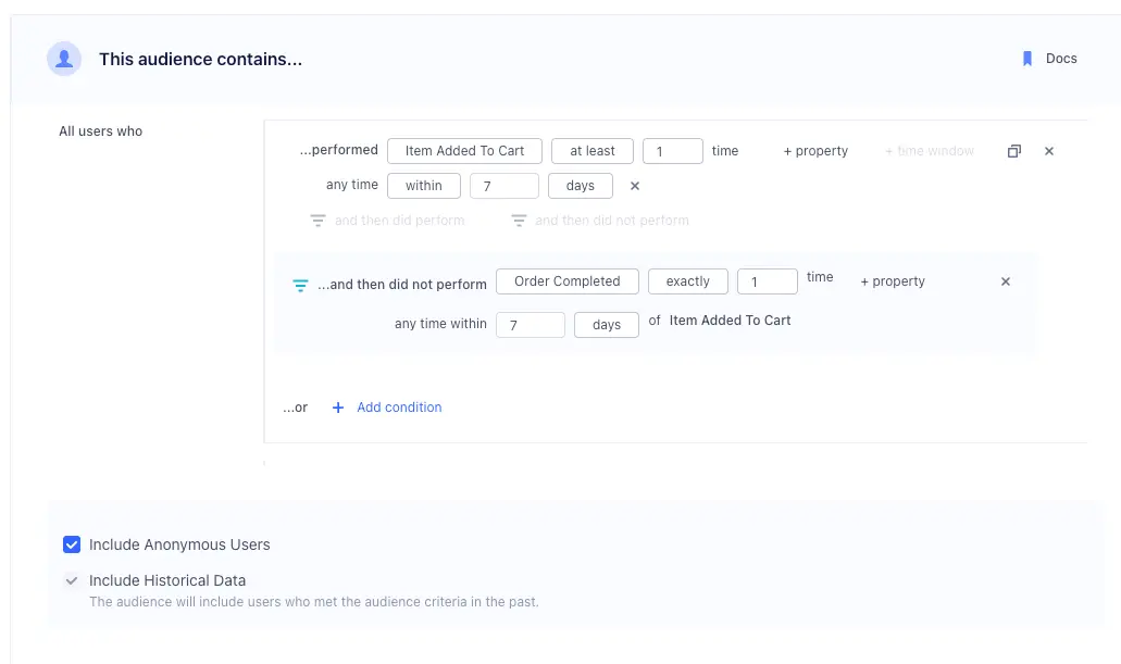 Audience funnel using dynamic property references for event filtering.