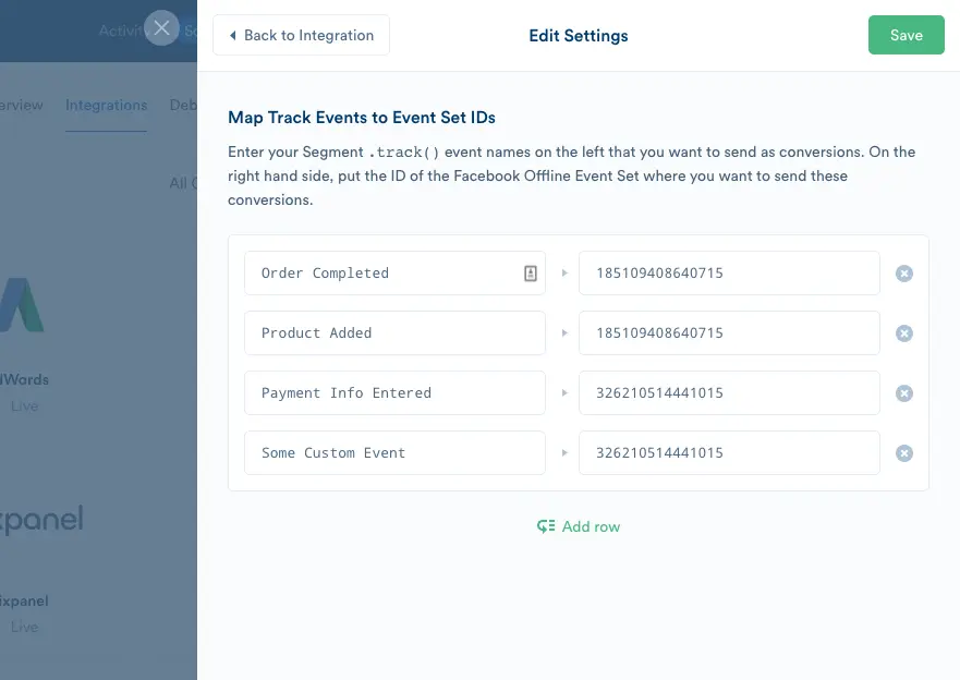 Settings tab for Facebook Offline Conversions, with a Lead Generated event mapped to a Facebook Offline Event Set.