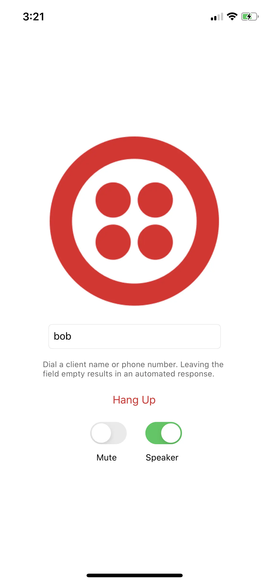 Twilio app interface with a red logo, a text input for a client's name, a Hang Up button, and Mute and Speaker toggle switches.