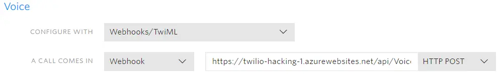 Voice configuration using Webhooks/TwiML and webhook URL for incoming calls.