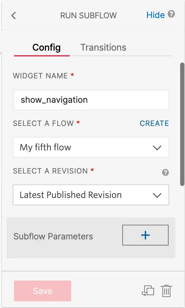 Twilio Studio Run Subflow widget configuration with fields for widget name, flow, and revision.
