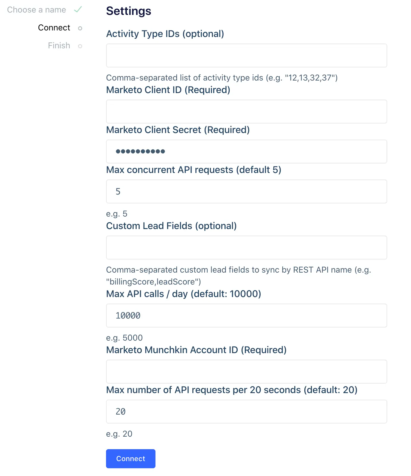 Marketo source settings section with fields for Activity Type IDs, Client ID, Client Secret,  and Max concurrent API requests.
