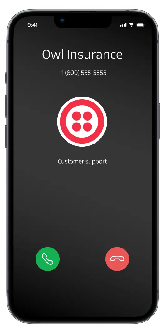 Mobile screen showing Owl Insurance call with logo and customer support reason.