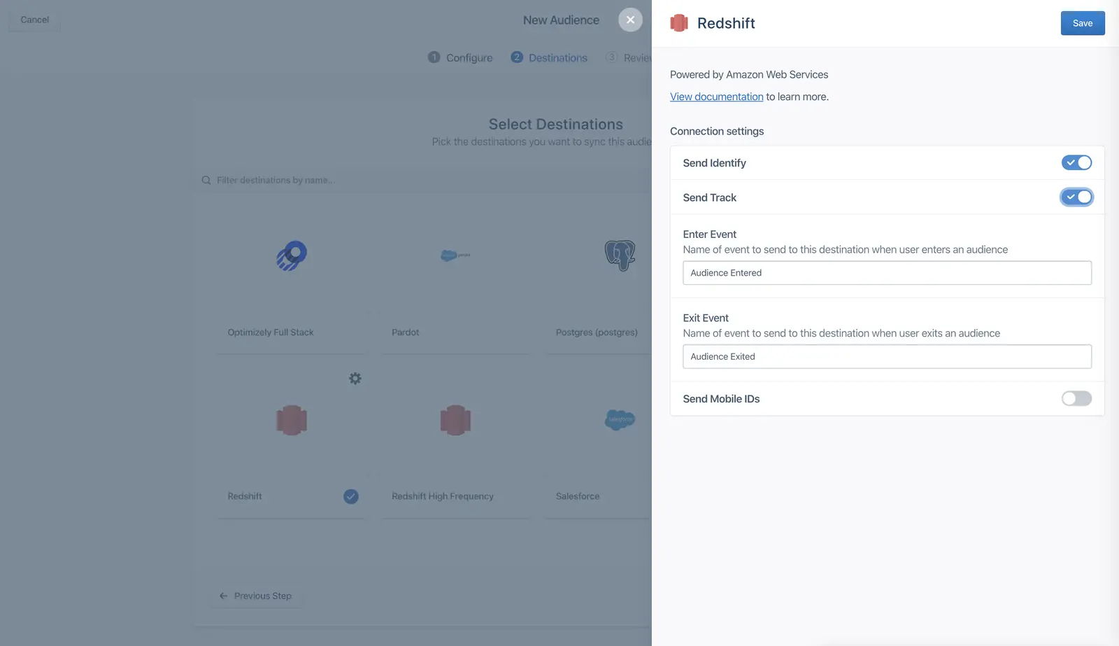 Redshift connection settings with options for sending identify and track data.