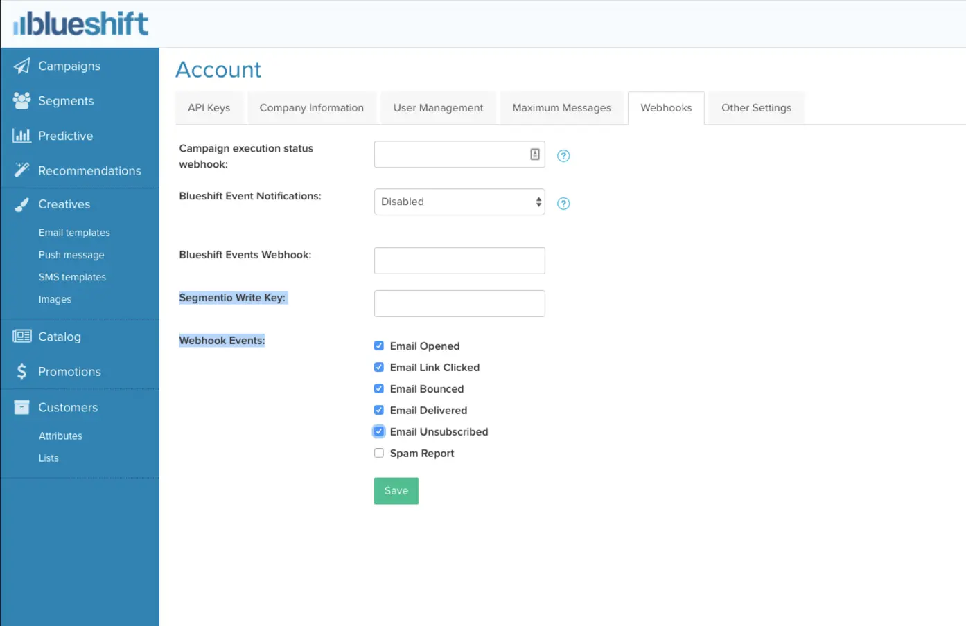 The Blueshift Account settings page, with the Segmentio Write Key and Webhook events highlighted.