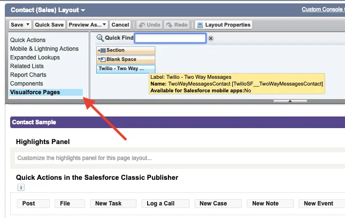 Salesforce Classic layout with Visualforce Pages highlighted in the sidebar.