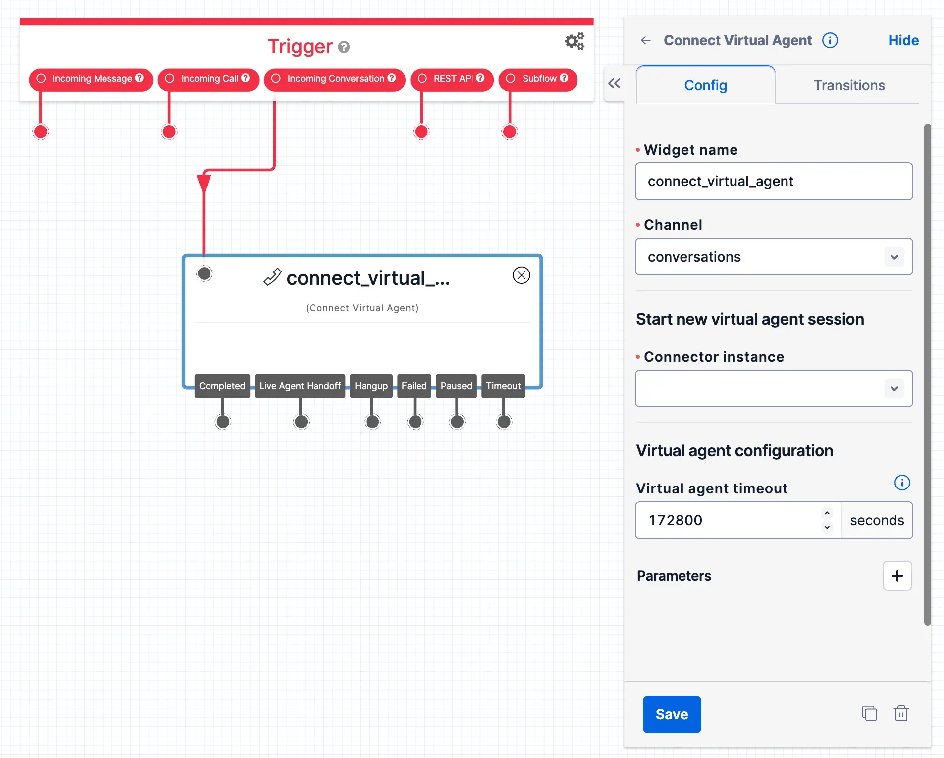 Connect Virtual Agent widget configuration with trigger options and transitions.