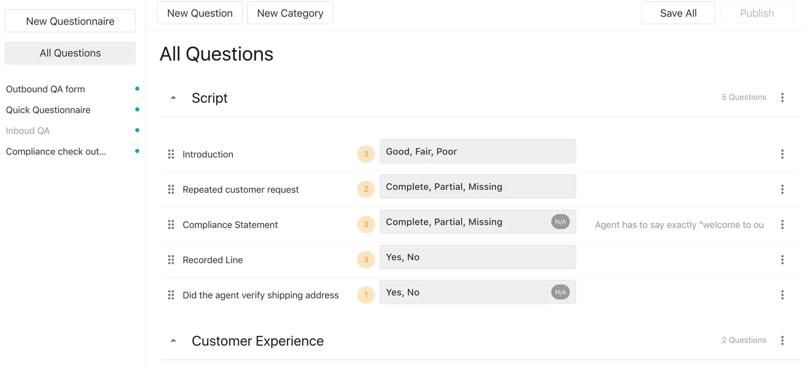 Question management interface showing categories, questions, and response options.