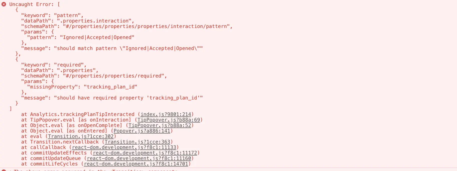 Error log showing pattern mismatch and missing property in runtime validation.